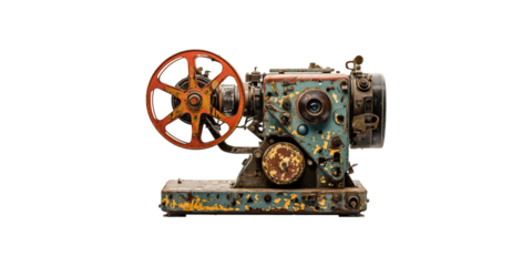 Vintage industrial machine with red wheel isolated on transparent background