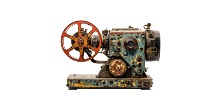 Vintage industrial machine with red wheel isolated on transparent background