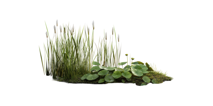 Tall grass and water lilies isolated on transparent background