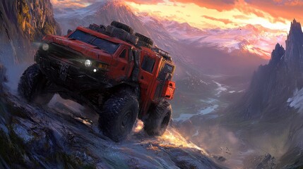 Off-Road Convoy Driving at Sunset Over Mountain Ridge