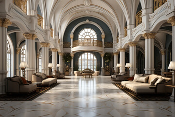 Fototapeta premium Beautiful front hall in the library with columns and vaulted ceilings, interior lighting, exquisite vintage decor.