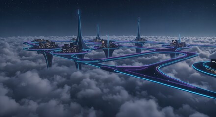 Fototapeta premium Futuristic neon cityscape above clouds with illuminated highways and skyscrapers