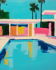 modern minimalist 1960s architectural contemporary painting of a Palm Springs home with umbrellas, chairs, pool, and palm trees using muted pastel colors. 