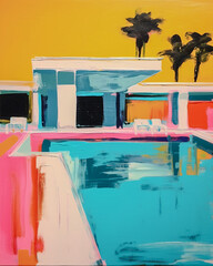 modern minimalist 1960s architectural contemporary painting of a Palm Springs home with umbrellas, chairs, pool, and palm trees using muted pastel colors. 