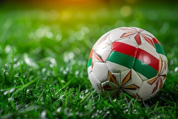 Fototapeta premium Soccer ball with flag of Burundi on green grass background