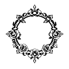 Elegant Black and White Rose Frame: Vintage Floral Round Border Design. Perfect for invitations, cards, and decorative projects.