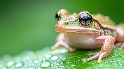 Obraz premium A frog sitting on top of a green leaf covered in water droplets
