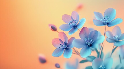 Obraz premium Charming hepatica flowers in vivid blue and lavender on the right, set against a warm, tranquil gradient background transitioning from light teal to pastel