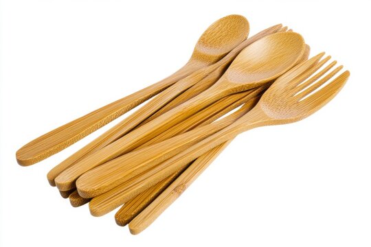 A collection of elegant bamboo utensils showcases sustainable dining options. Designed for eco-friendly meals, they add charm to your table. Generative AI