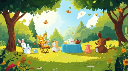 Naklejka premium Adorable Animals Enjoying Tea Party in Sunny Forest
