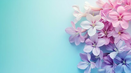 Fototapeta premium An artistic illustration of blooming corydalis flowers with purple, pink, and white petals. Set against a serene turquoise and pastel blue background.