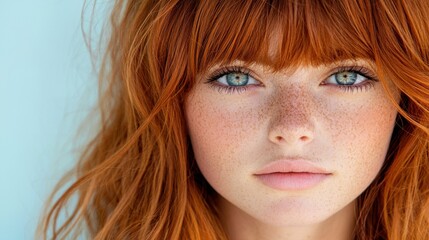 A woman with red hair and freckles on her face
