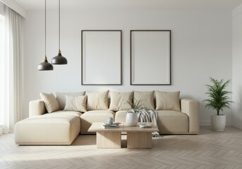 Fototapeta premium minimalist interior design, white floating shelf, gray brick wall, sunlight and shadows, empty picture frame, ceramic vase, stack of books, modern aesthetic, clean lines, monochromatic color scheme, d