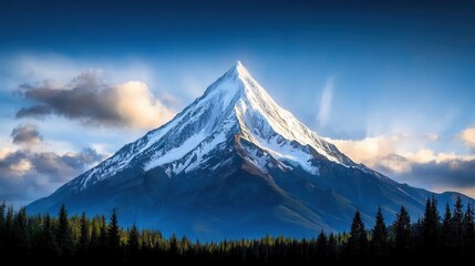 A snow covered mountain with trees in the foreground