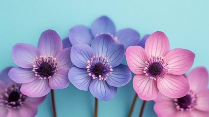 Fototapeta premium Hepatica flowers with purple and pink petals rest on a gradient background shifting from pale lavender to pastel turquoise, representing spring freshness.