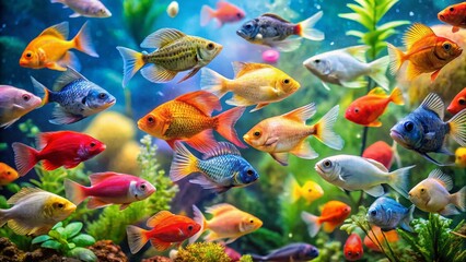 Naklejka premium Vibrant Freshwater Tropical Fish in a Lush Aquarium - High-Resolution Stock Photo