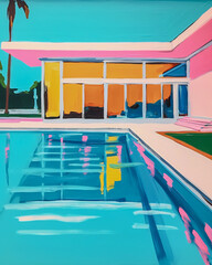modern minimalist 1960s architectural contemporary painting of a Palm Springs home with umbrellas, chairs, pool, and palm trees using muted pastel colors. 