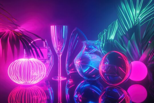 Colorful glassware and tropical elements create a vibrant atmosphere at a night event