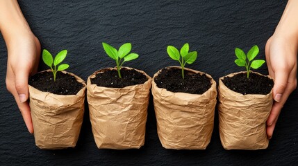 Hands holding four small potted plants with green leaves on a dark background.
