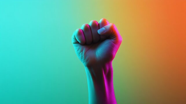 A raised fist illuminated by vibrant rainbow colors against a backdrop shifting from mint green to coral, symbolizing strength and inclusivity.
