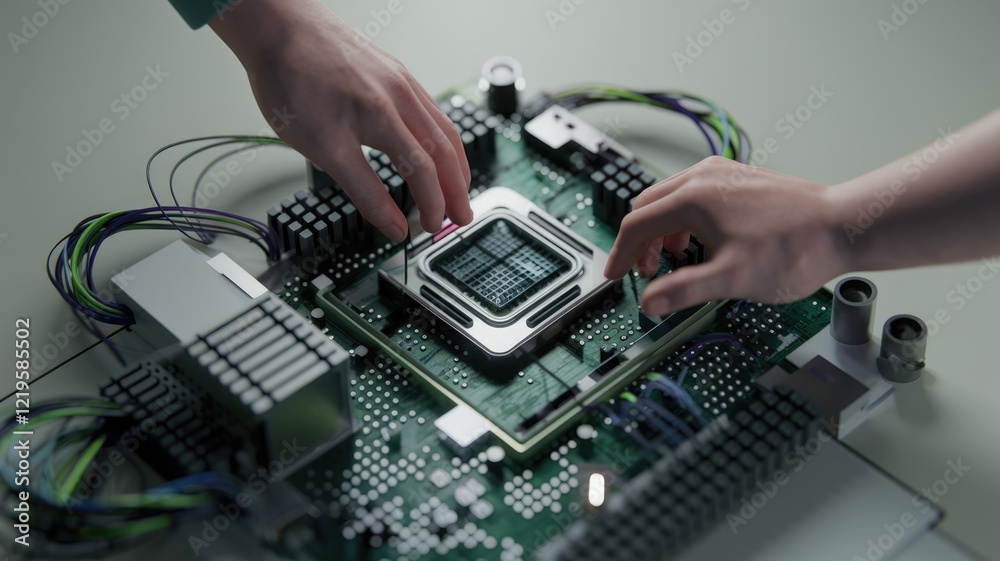 Aufkleber Hands carefully installing a CPU into a motherboard, showcasing intricate computer hardware.