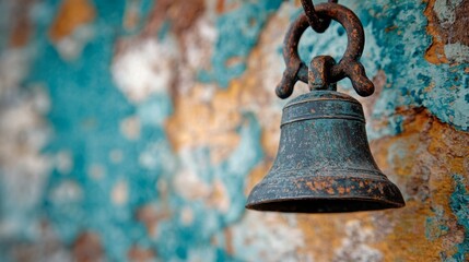 Obraz premium A rusty bell hanging from a chain on a wall