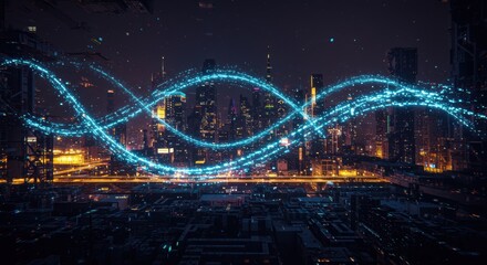 Obraz premium Futuristic cityscape with vibrant light trail above urban skyline at night