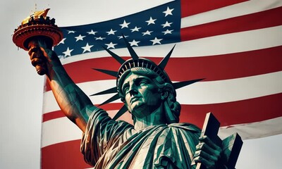 statue of liberty with flag America ,independence day america ,Double exposure style - Powered by Adobe