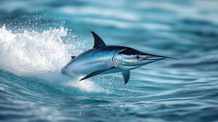 Fototapeta premium Blue marlin leaping, splashing ocean wave.