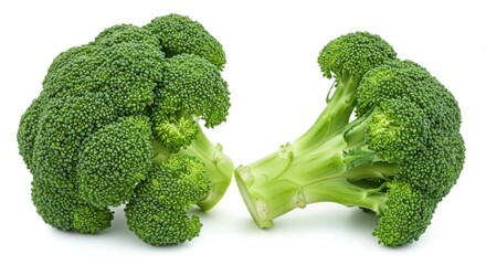 Green broccoli florets, Detailed vegetable texture, Fresh produce, Vibrant color, Healthy food photography, White background, Macro shot, Organic vegetables, Nutritious ingredients, Crisp details, Stu