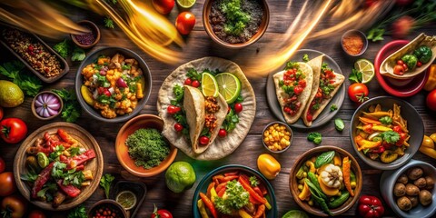 Fototapeta premium Vibrant Long Exposure Shot of Mexican Food Fiesta, Delicious Tacos, Burritos, and Colorful Ingredients