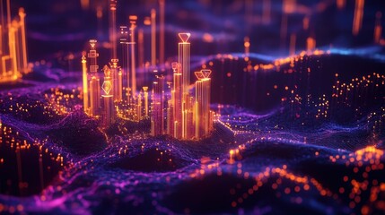 Obraz premium A threedimensional graph emerging from the city where each upward spike corresponds to new businesses with holographic icons symbolizing innovation and technology.