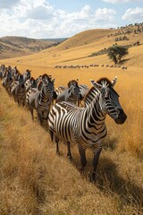 Naklejka premium Zebras migrating across golden savanna.
