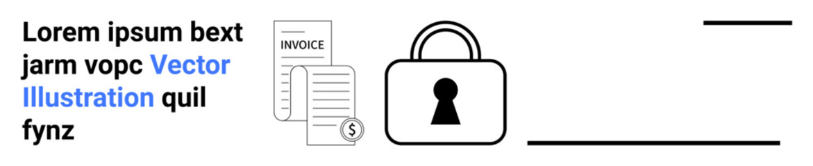 Documents labeled as invoices alongside a padlock icon illustrating payment security. Ideal for secure payments, data protection, online transactions, billing, invoicing systems, financial security
