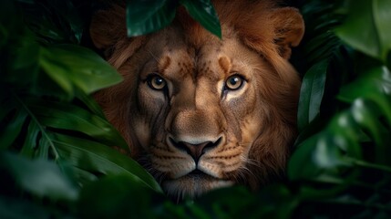 A lion peeking out from behind some green leaves