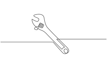 One mechanical wrench for nuts drawn in one continuous line black color isolated on white background, Wrench single line drawing vector.