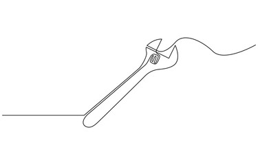 One mechanical wrench for nuts drawn in one continuous line black color isolated on white background, Wrench single line drawing vector.