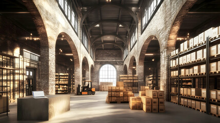 Fototapeta premium Sunlit Industrial Warehouse Interior with High Ceilings