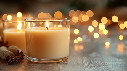 Candlelight flickers softly alongside twinkling fairy lights creating warm and inviting atmosphere. cozy arrangement offers ideal backdrop for warm messages or quotes.