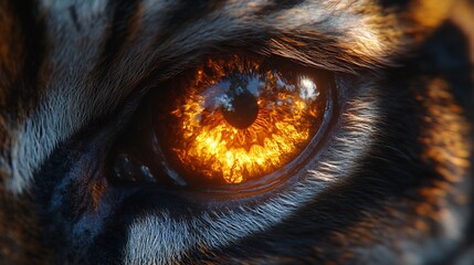 A tigers eye glowing in soft light with detailed fur around the edges