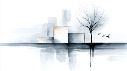 A drawing of a tree in the middle of a body of water