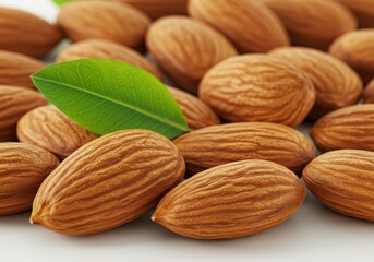 Macro photograph of almonds, crisp detailed nuts, vibrant brown color, green almond leaves, white background, food photography, shallow depth of field, studio lighting, high resolution, textured almon