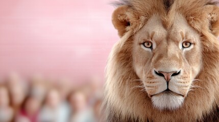 Obraz premium A close up of a lion's face with a pink background