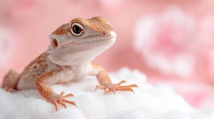 Obraz premium A small lizard sitting on top of a pile of snow