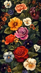 Vibrant floral arrangement featuring roses and pansies against a dark background