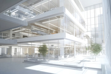 Obraz premium Modern minimalistic atrium with bright sunlight streaming through large windows and green plants