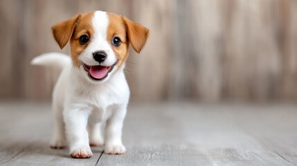A small brown and white dog standing on a wooden floor