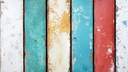 A close up of a colorful wooden wall with peeling paint