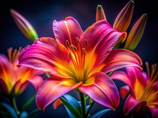 Naklejka premium Vibrant Pink Orange Lily Bloom - Closeup Long Exposure Flower Photography