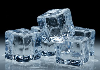 Ice cubes, transparent, cold, melting, reflective surface, blue tint, macro photography, high detail, studio lighting, minimalist composition, water droplets, frosted texture, sharp focus, clean backg